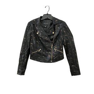 ROCK & REPUBLIC WOMEN'S CROPPED JACKET ~ Black & Gold Lined Faux Leather ~ SZ S